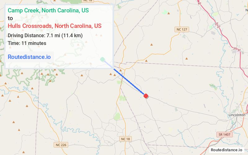 Route map from Camp Creek to Hulls Crossroads