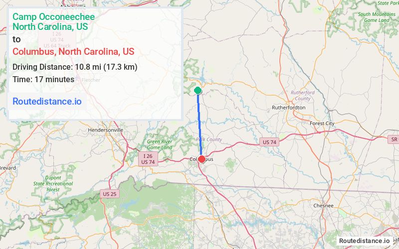 Distance from Camp Occoneechee to Columbus