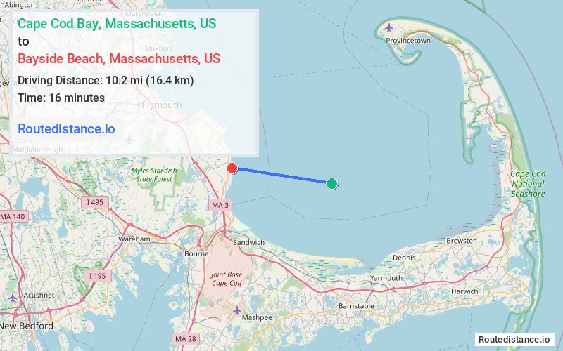 Route map from Cape Cod Bay to Bayside Beach