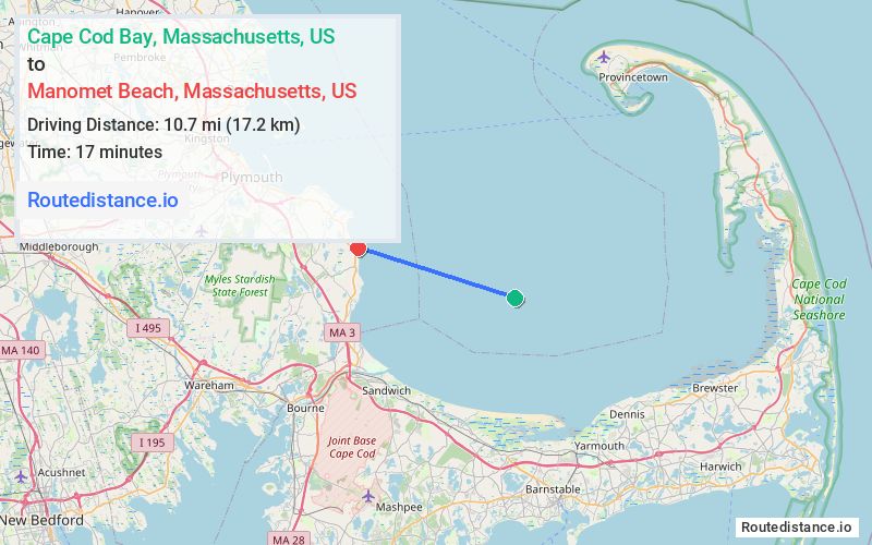 Route map from Cape Cod Bay to Manomet Beach