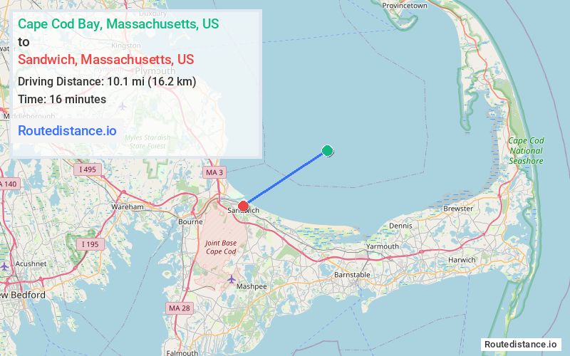 Route map from Cape Cod Bay to Sandwich