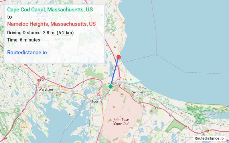 Route map from Cape Cod Canal to Nameloc Heights