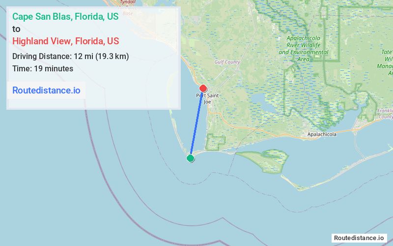 Route map from Cape San Blas to Highland View