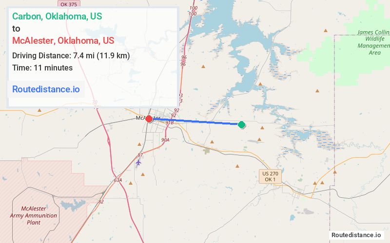 Route map from Carbon to McAlester