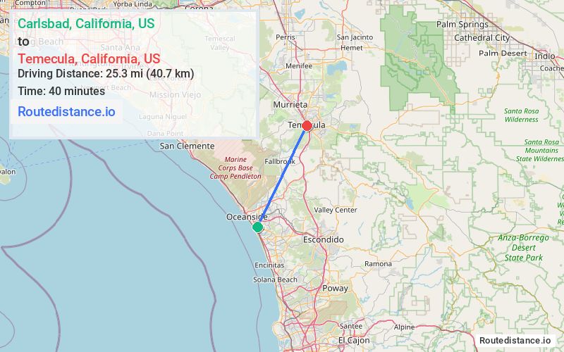 Route map from Carlsbad to Temecula
