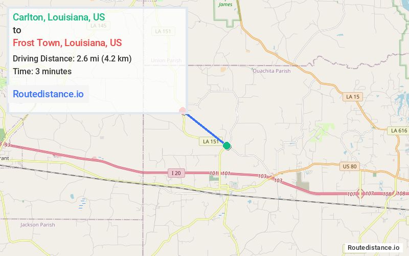 Route map from Carlton to Frost Town