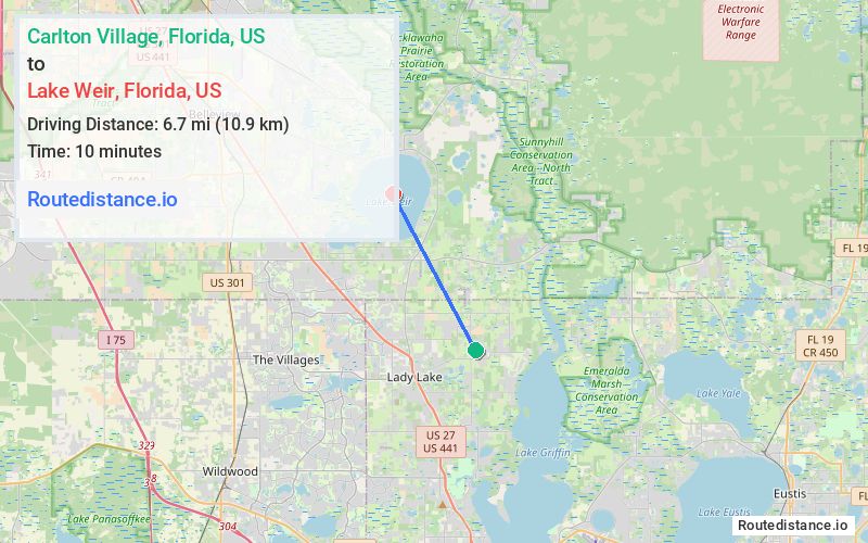 Route map from Carlton Village to Lake Weir