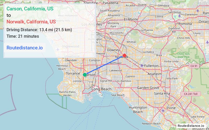 Route map from Carson to Norwalk