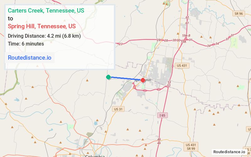 Route map from Carters Creek to Spring Hill