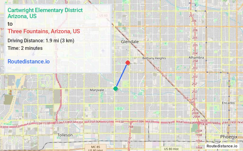 Route map from Cartwright Elementary District to Three Fountains