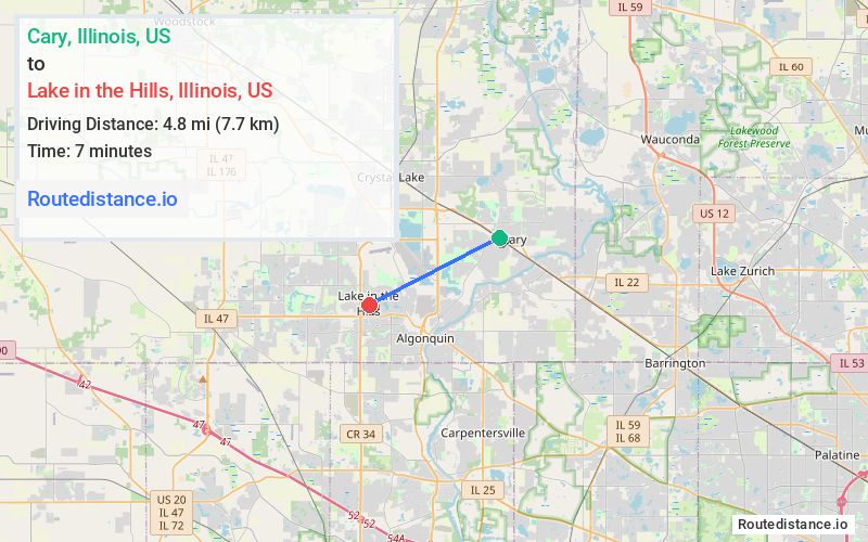 Route map from Cary to Lake in the Hills