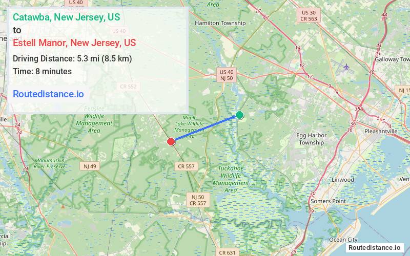 Route map from Catawba to Estell Manor