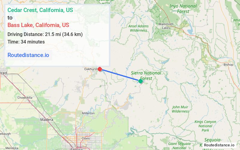 Route map from Cedar Crest to Bass Lake
