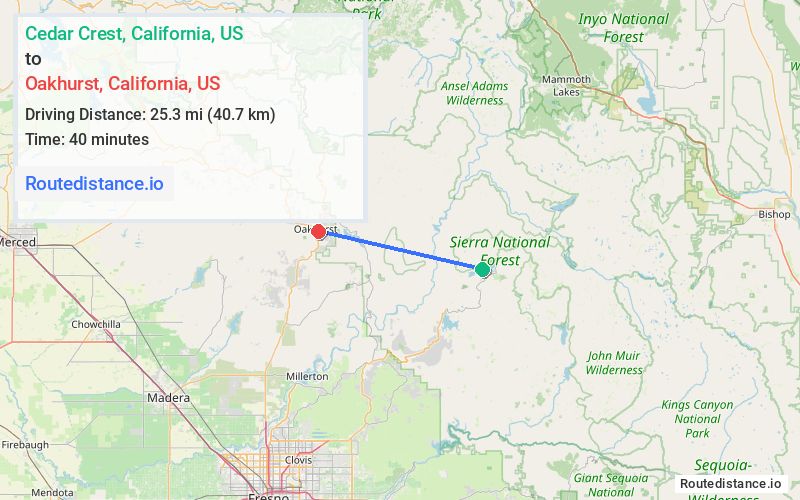 Route map from Cedar Crest to Oakhurst