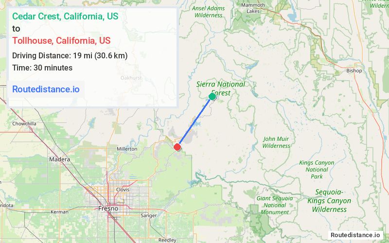 Route map from Cedar Crest to Tollhouse