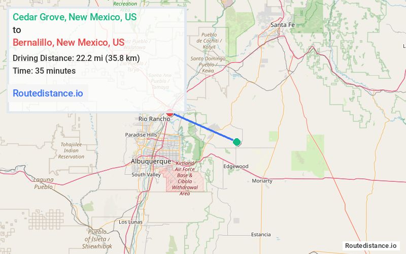 Route map from Cedar Grove to Bernalillo