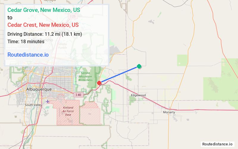 Route map from Cedar Grove to Cedar Crest