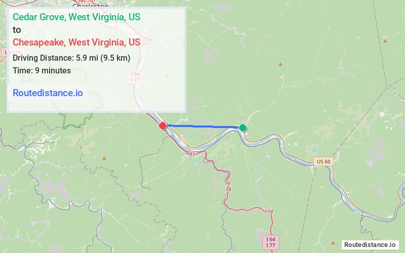 Route map from Cedar Grove to Chesapeake