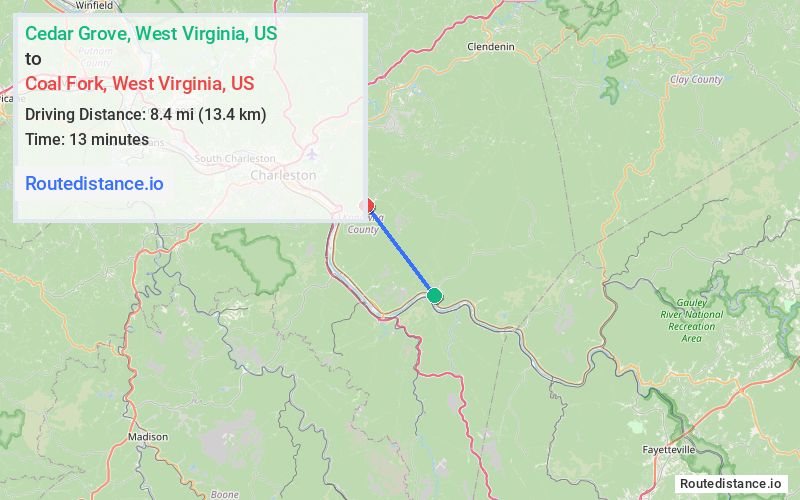 Route map from Cedar Grove to Coal Fork