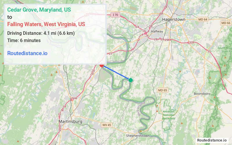 Route map from Cedar Grove to Falling Waters