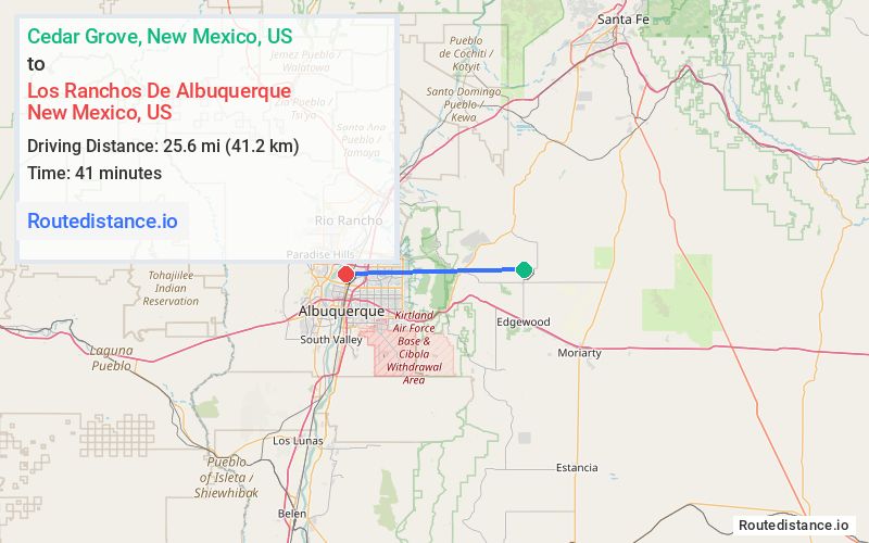 Route map from Cedar Grove to Los Ranchos De Albuquerque