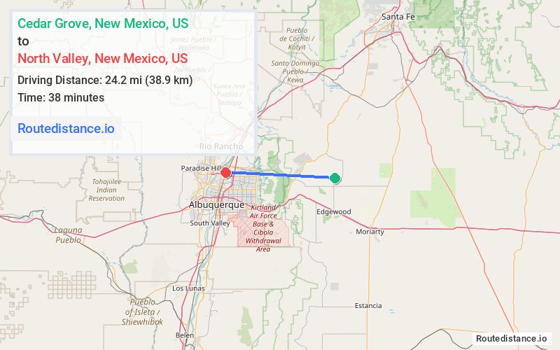 Route map from Cedar Grove to North Valley
