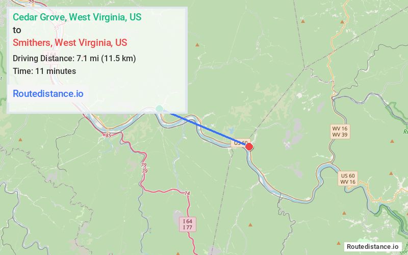 Route map from Cedar Grove to Smithers
