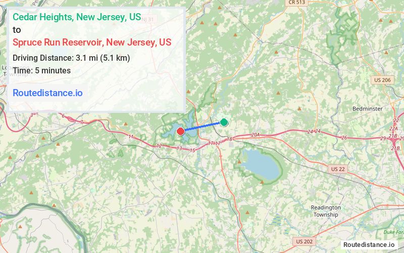 Distance from Cedar Heights to Spruce Run Reservoir
