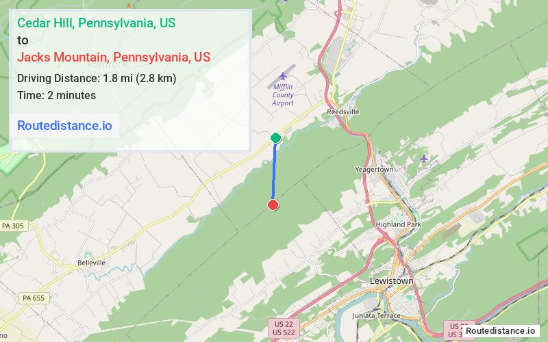 Route map from Cedar Hill to Jacks Mountain
