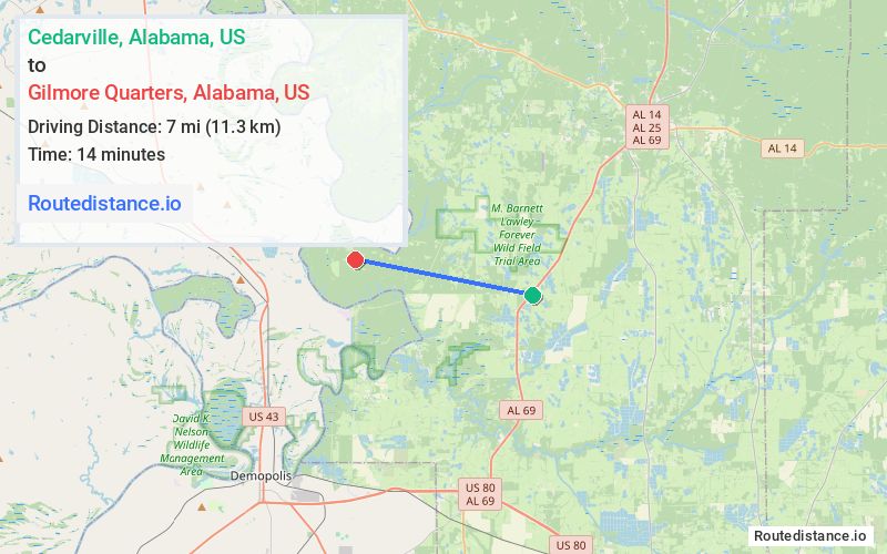 Route map from Cedarville to Gilmore Quarters