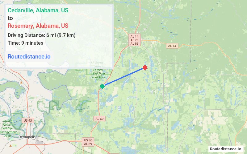 Route map from Cedarville to Rosemary