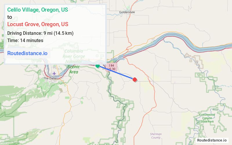 Route map from Celilo Village to Locust Grove