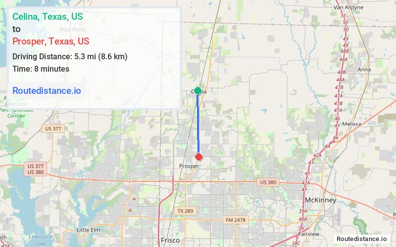 Route map from Celina to Prosper