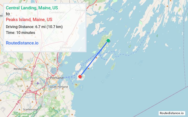 Route map from Central Landing to Peaks Island