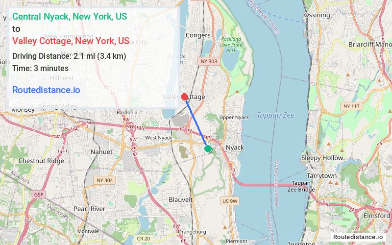 Route map from Central Nyack to Valley Cottage
