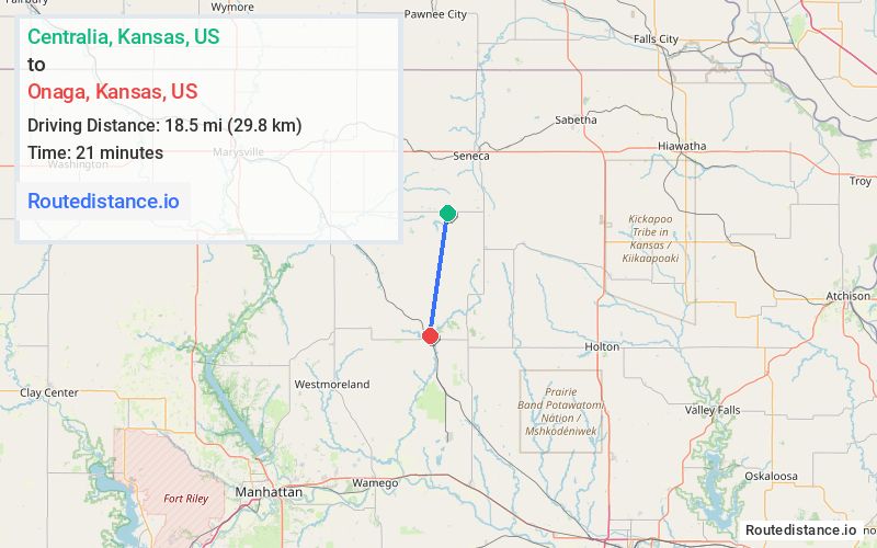 Route map from Centralia to Onaga