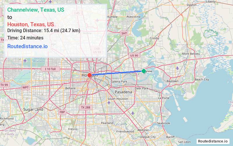 Route map from Channelview to Houston