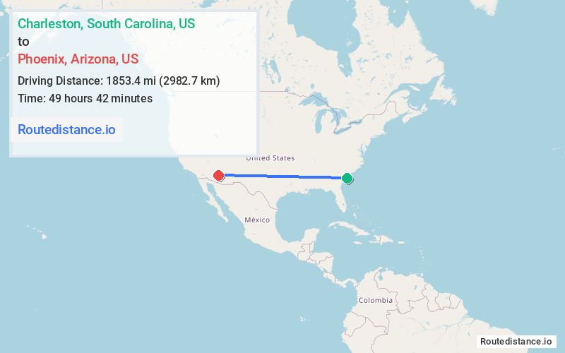 Route map from Charleston to Phoenix