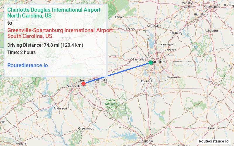 Route map from Charlotte Douglas International Airport to Greenville-Spartanburg International Airport
