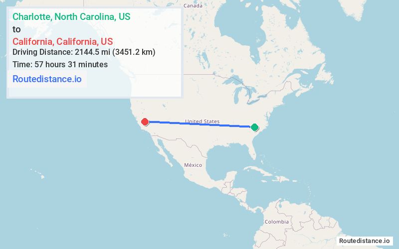 Route map from Charlotte to California