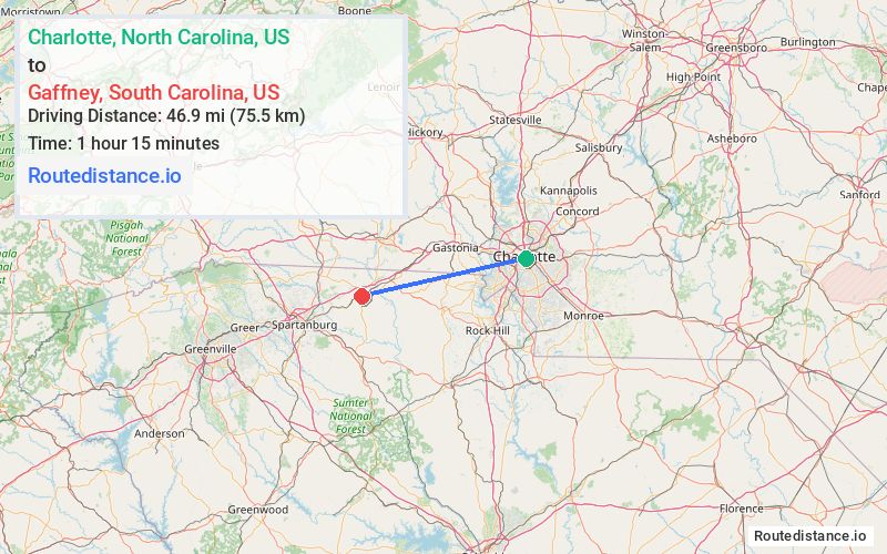 Route map from Charlotte to Gaffney