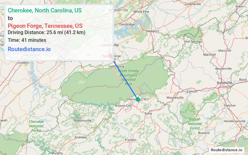 Route map from Cherokee to Pigeon Forge