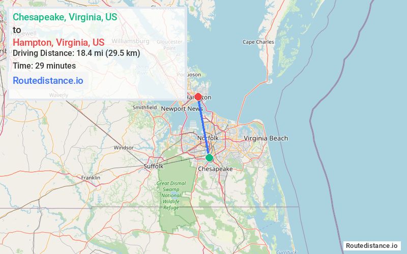 Route map from Chesapeake to Hampton