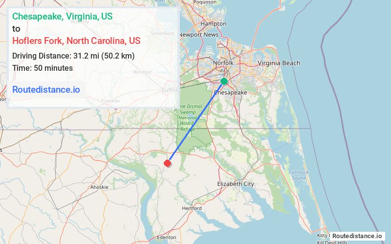 Route map from Chesapeake to Hoflers Fork