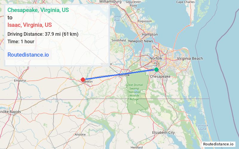 Route map from Chesapeake to Isaac