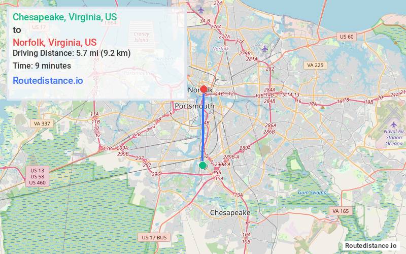Distance from Chesapeake to Norfolk