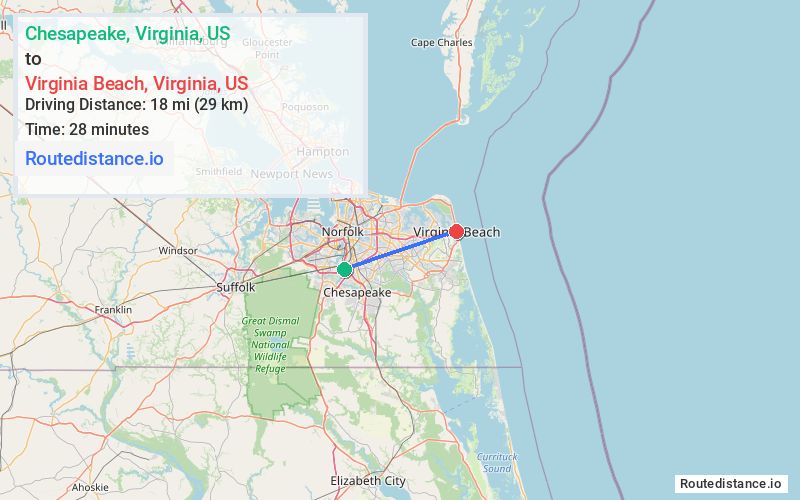 Route map from Chesapeake to Virginia Beach