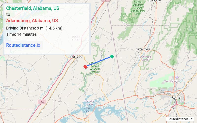 Route map from Chesterfield to Adamsburg
