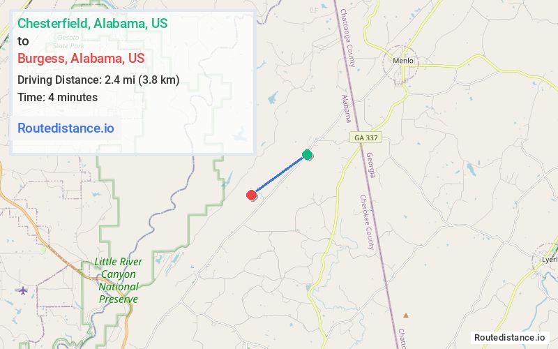 Route map from Chesterfield to Burgess