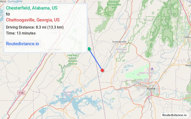 Route map from Chesterfield to Chattoogaville